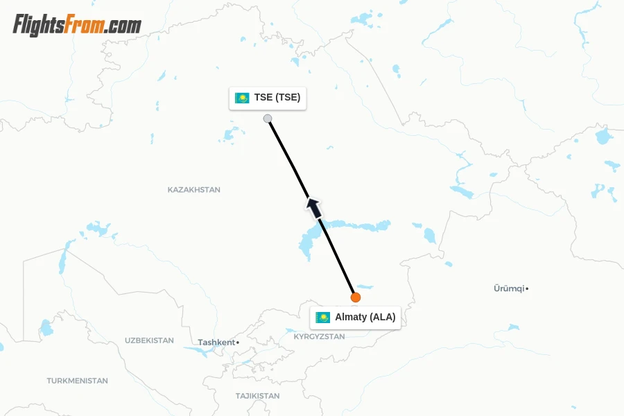 Flights from Almaty to TSE route map