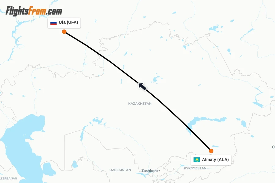 Flights from Almaty to Ufa route map