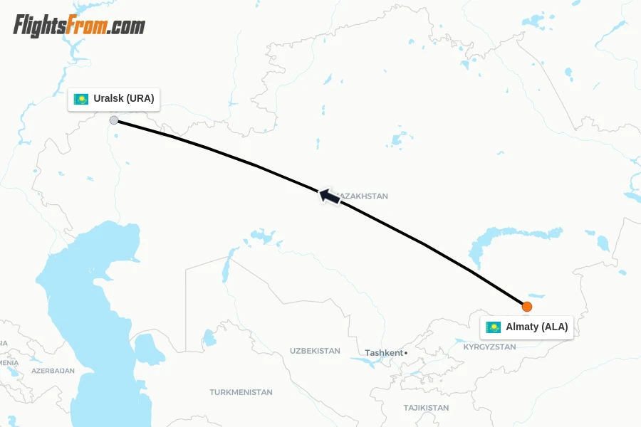 Flights from Almaty to Uralsk route map