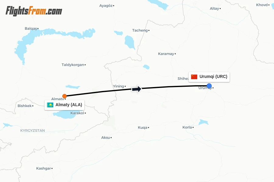 Flights from Almaty to Urumqi route map