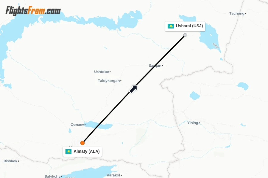 Flights from Almaty to Usharal route map