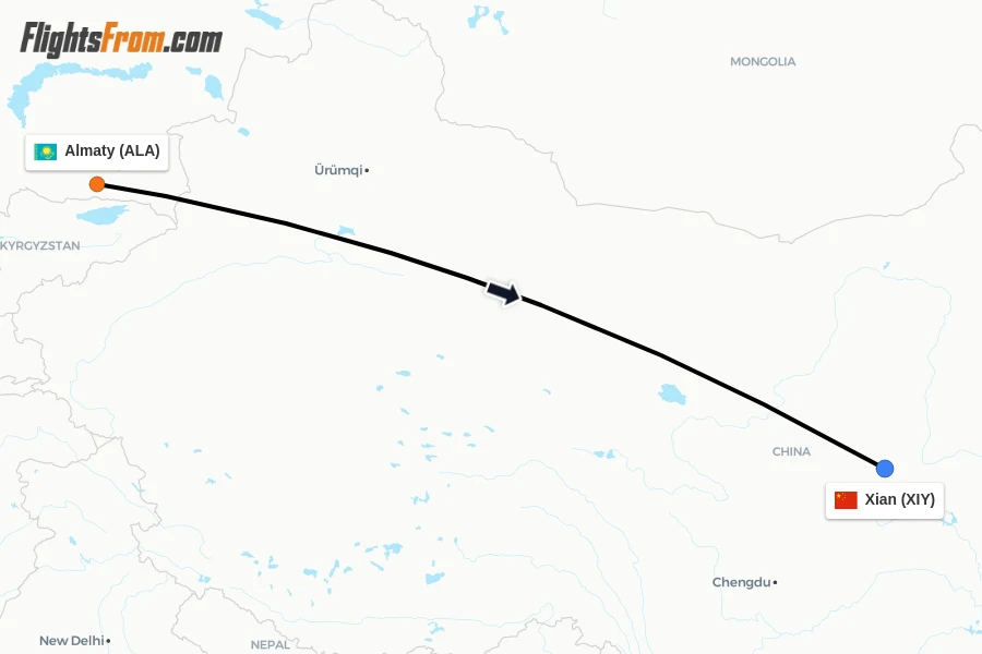 Flights from Almaty to Xian route map