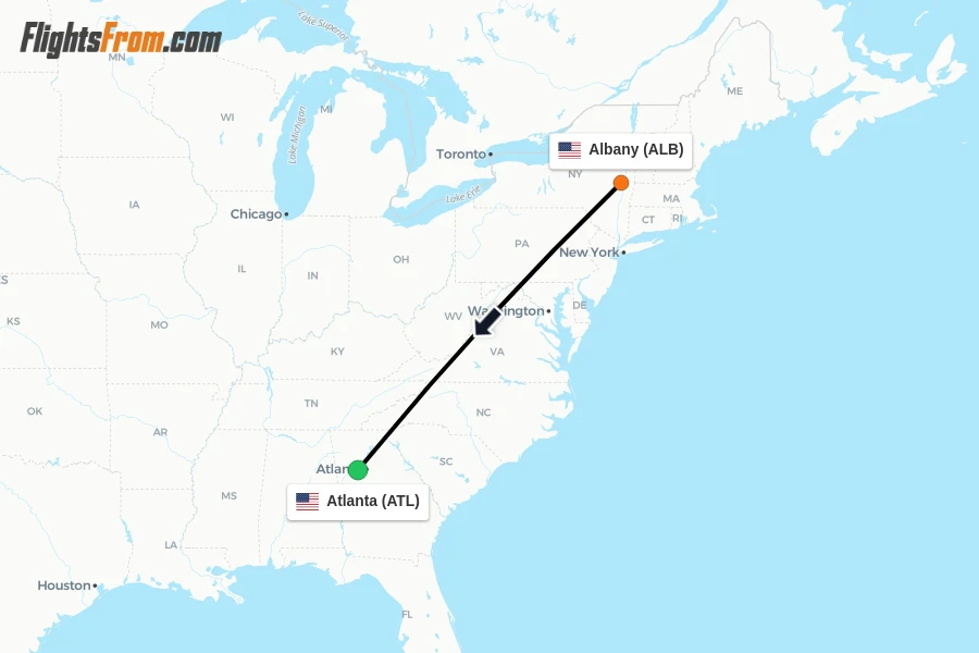Flights from Albany to Atlanta route map