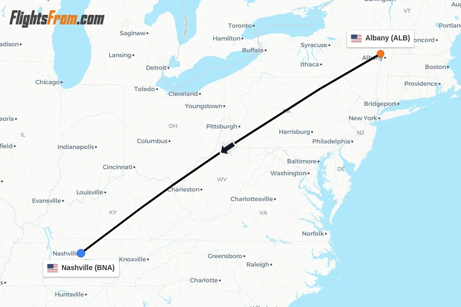 Flights from Albany to Nashville route map