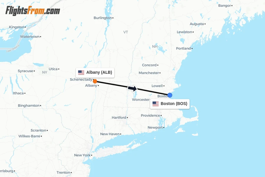 Flights from Albany to Boston route map