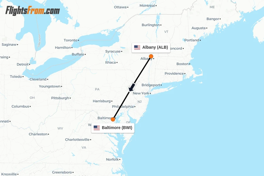 Flights from Albany to Baltimore route map