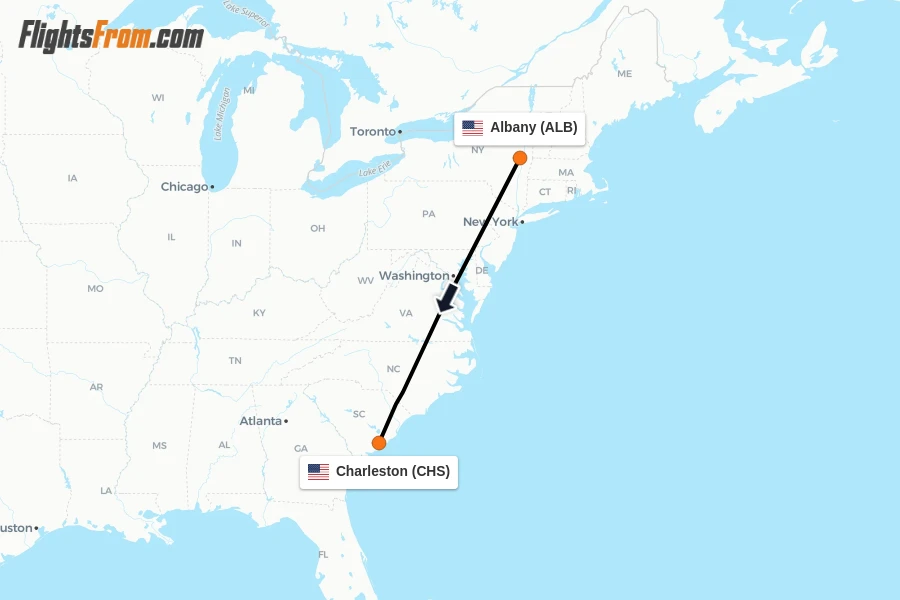 Flights from Albany to Charleston route map