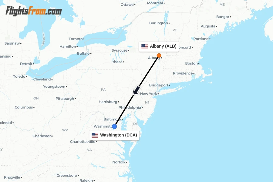 Flights from Albany to Washington route map