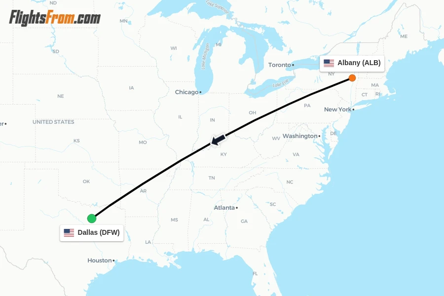 Flights from Albany to Dallas route map