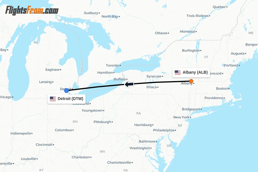 Flights from Albany to Detroit route map