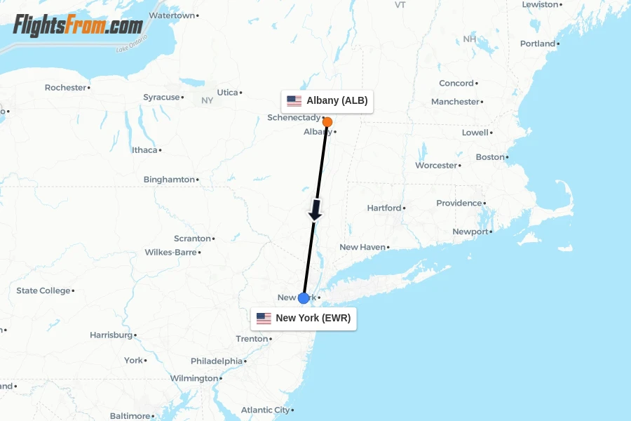 Flights from Albany to New York route map