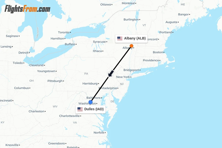 Flights from Albany to Dulles route map