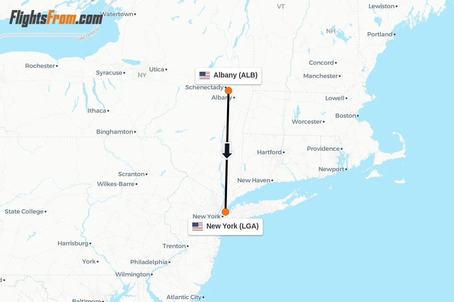 Flights from Albany to New York route map