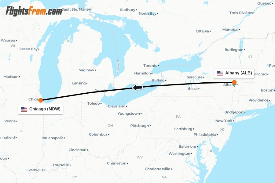 Flights from Albany to Chicago route map
