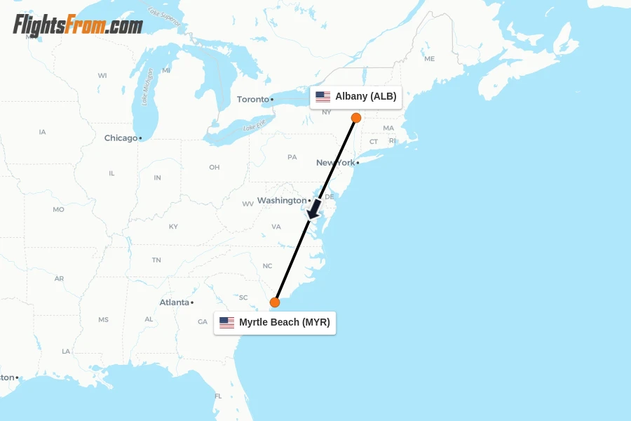 Flights from Albany to Myrtle Beach route map