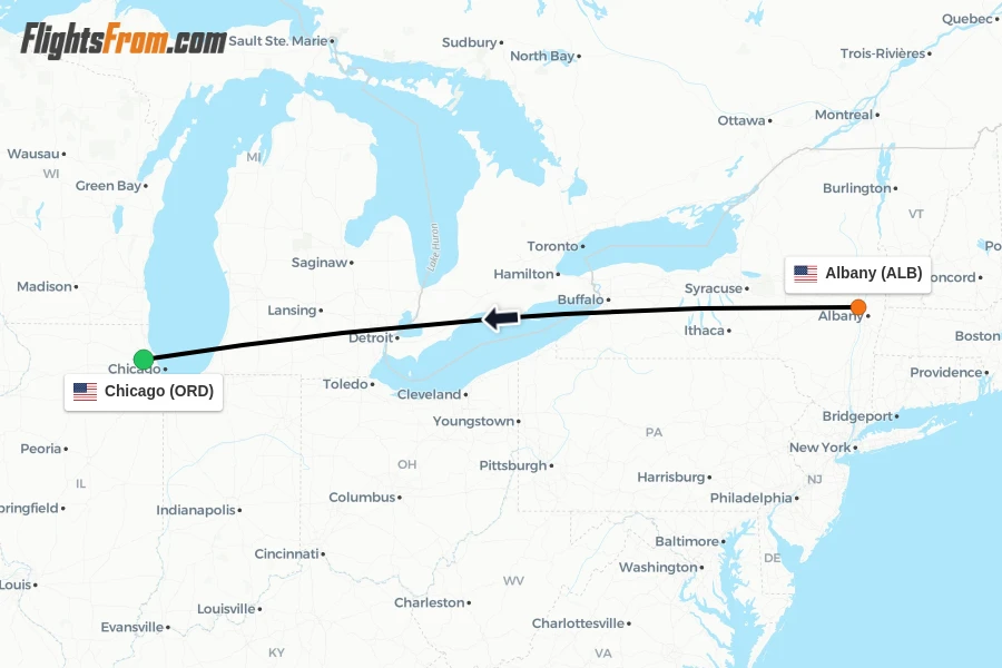 Flights from Albany to Chicago route map