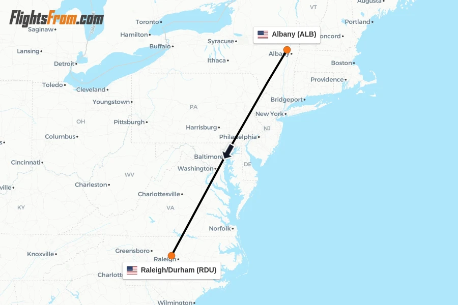 Flights from Albany to Raleigh/Durham route map