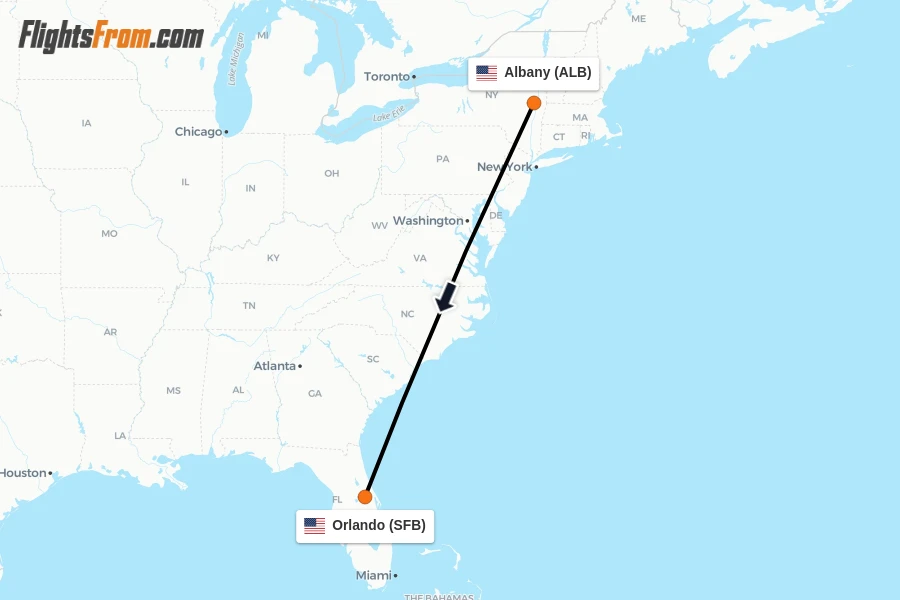 Flights from Albany to Orlando route map
