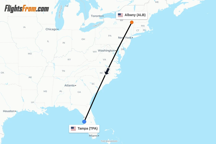 Flights from Albany to Tampa route map