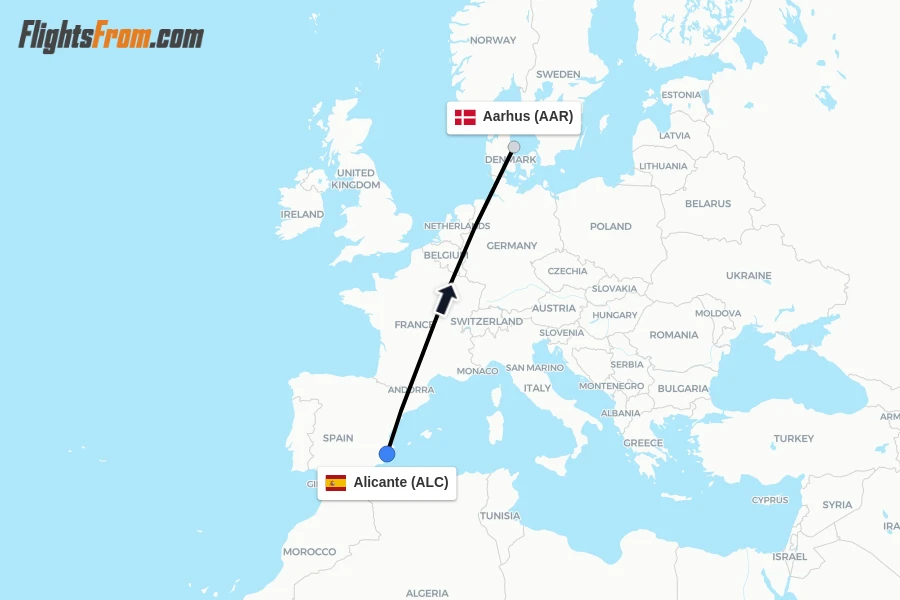 Flights from Alicante to Aarhus route map