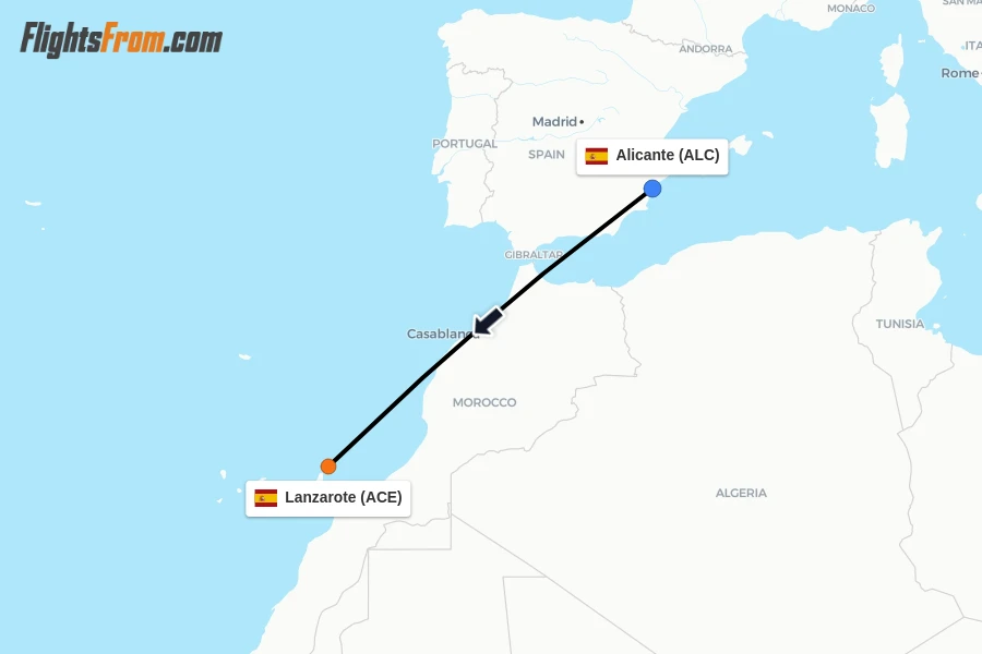 Flights from Alicante to Lanzarote route map