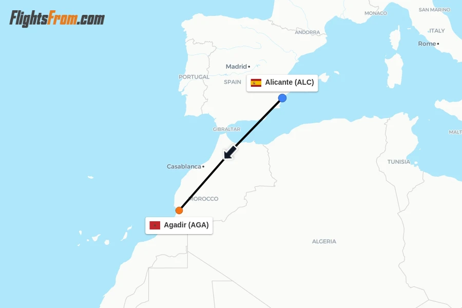 Flights from Alicante to Agadir route map