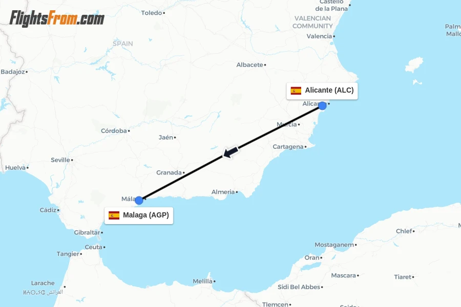 Flights from Alicante to Malaga route map