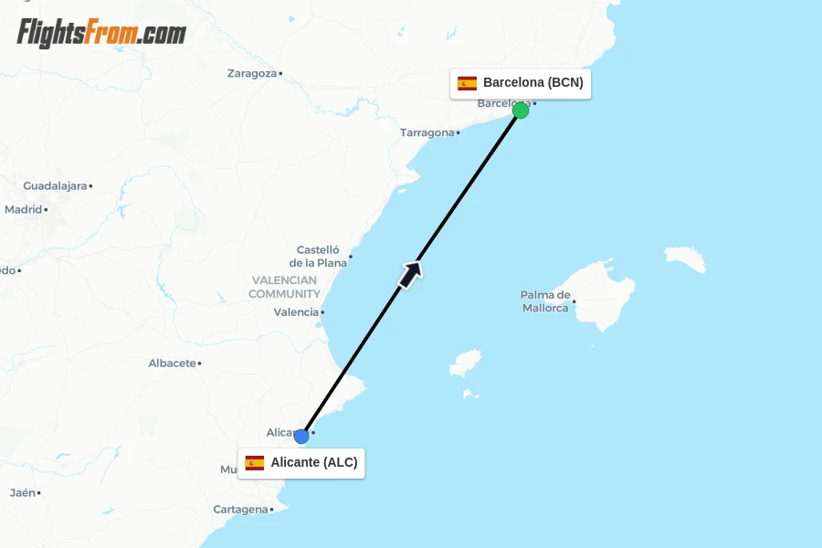 Flights from Alicante to Barcelona route map