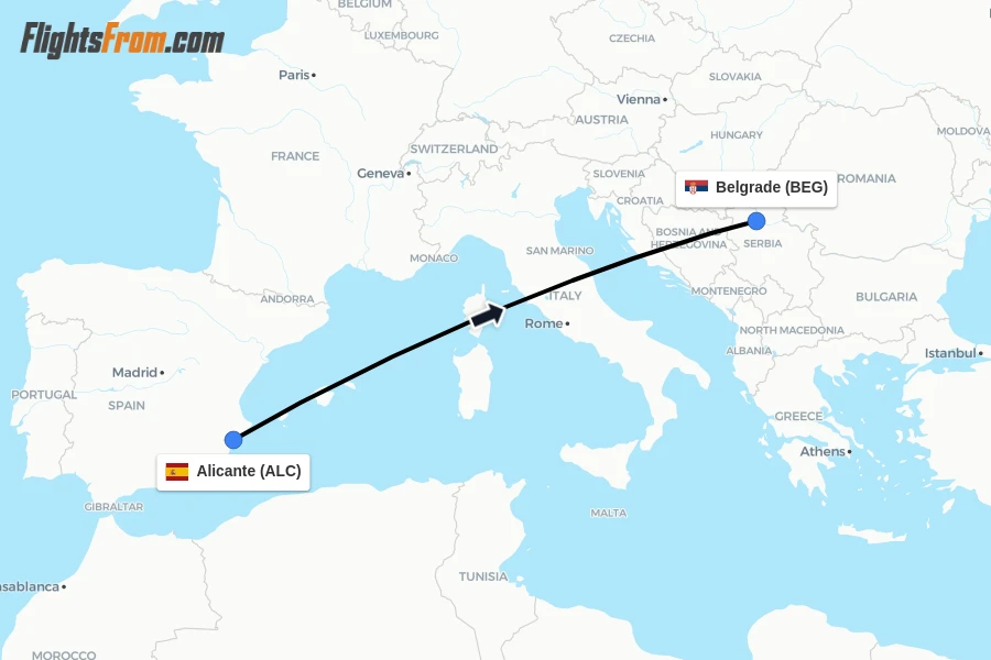 Flights from Alicante to Belgrade route map
