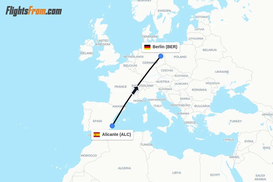 Flights from Alicante to Berlin route map