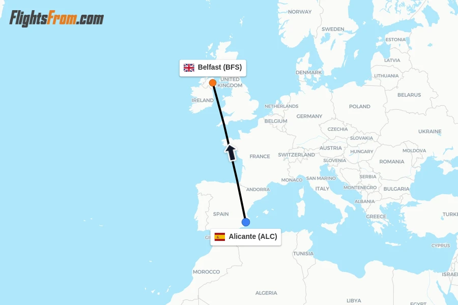 Flights from Alicante to Belfast route map