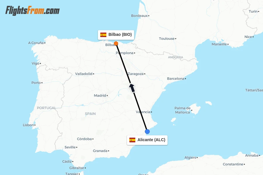 Flights from Alicante to Bilbao route map