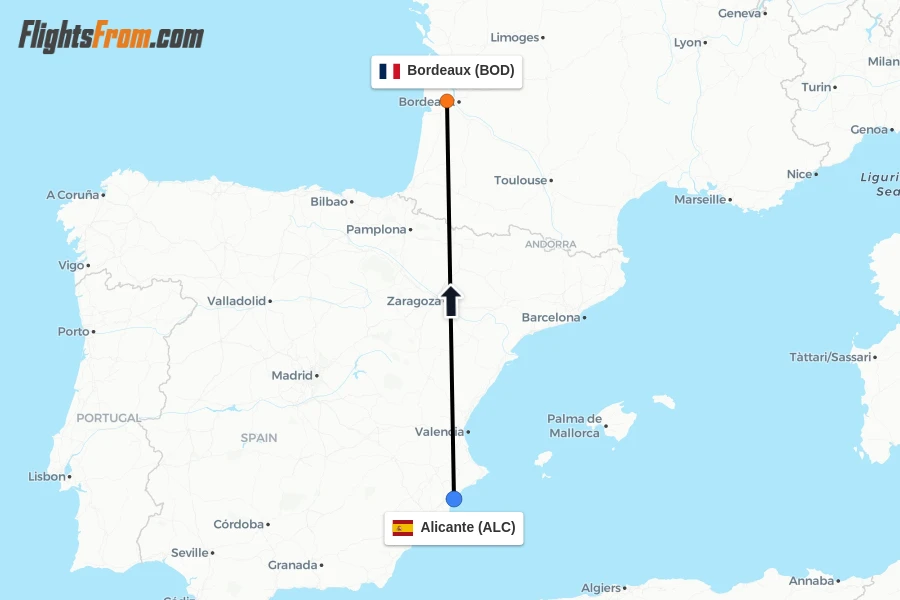 Flights from Alicante to Bordeaux route map