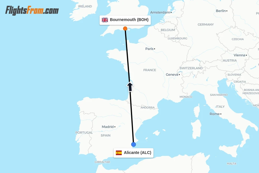 Flights from Alicante to Bournemouth route map