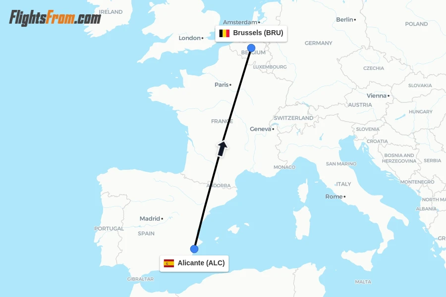 Flights from Alicante to Brussels route map
