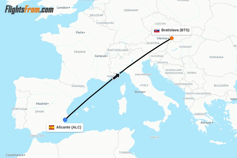 Flights from Alicante to Bratislava route map