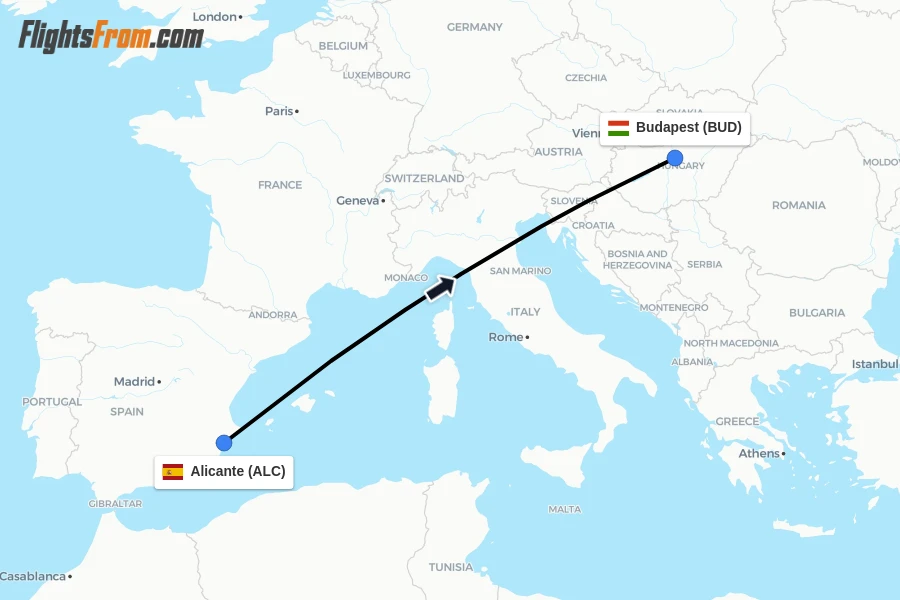 Flights from Alicante to Budapest route map