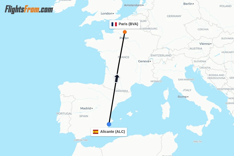 Flights from Alicante to Paris route map