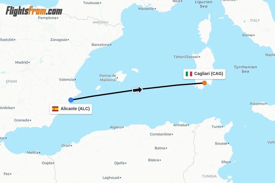 Flights from Alicante to Cagliari route map