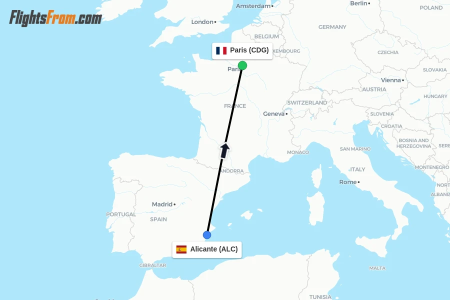 Flights from Alicante to Paris route map