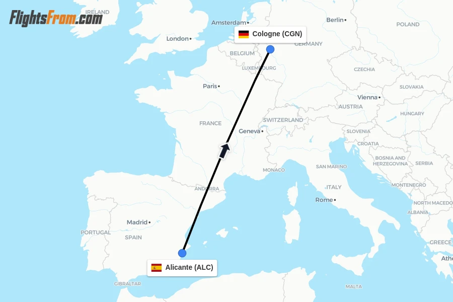 Flights from Alicante to Cologne route map