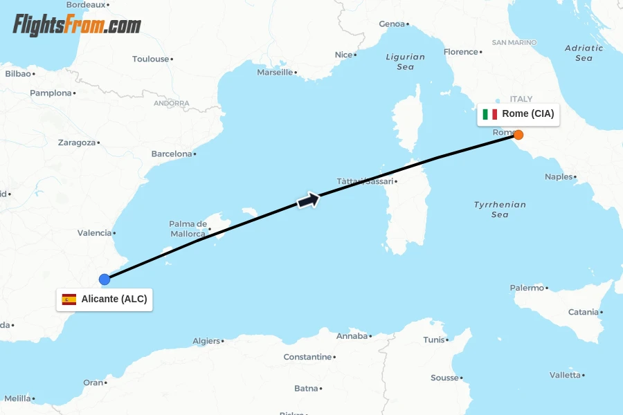 Flights from Alicante to Rome route map
