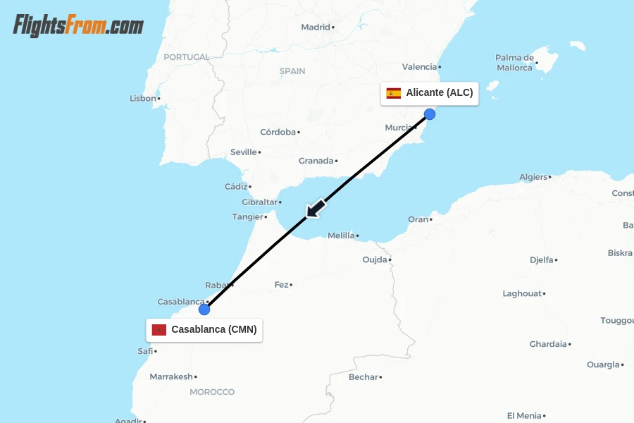 Flights from Alicante to Casablanca route map