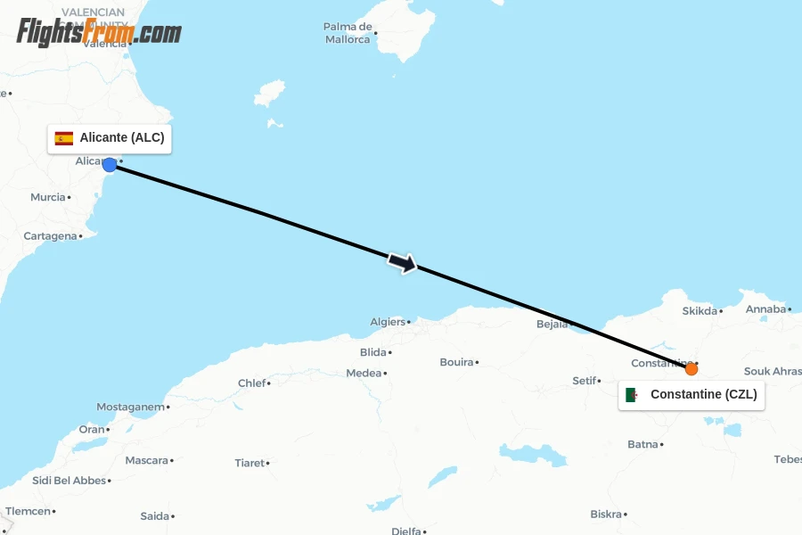 Flights from Alicante to Constantine route map