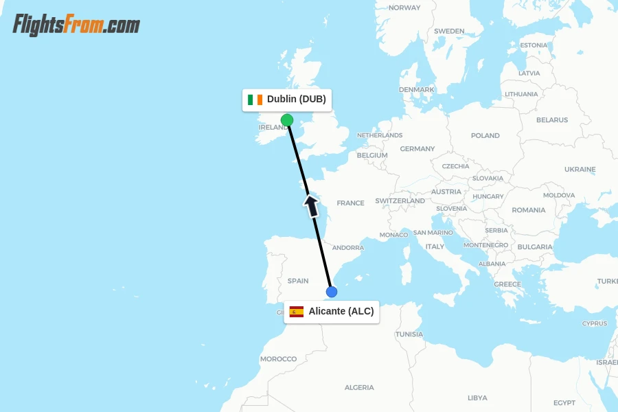 Flights from Alicante to Dublin route map
