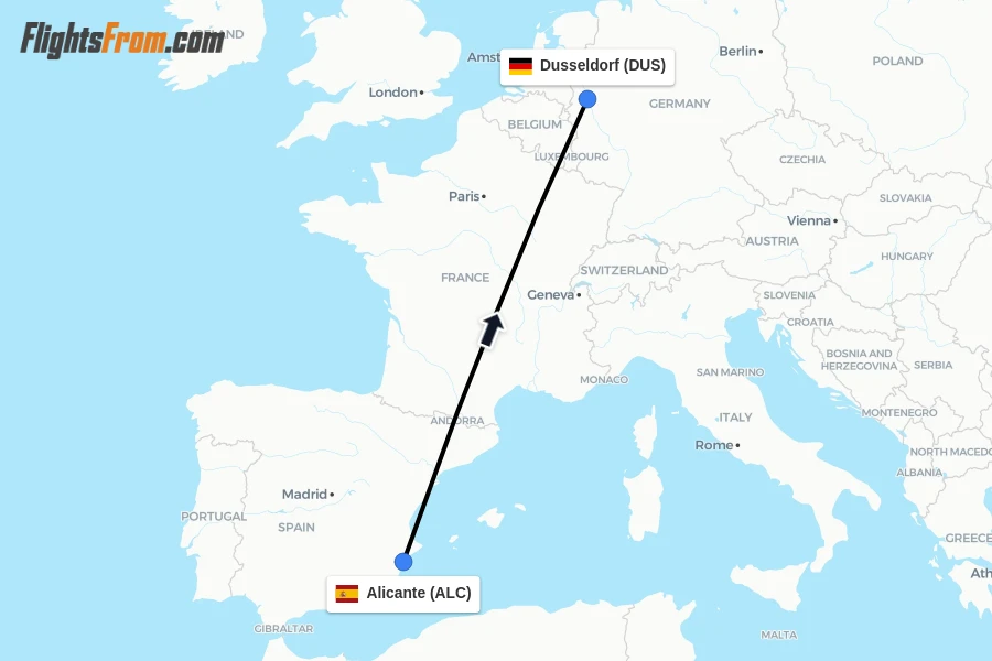 Flights from Alicante to Dusseldorf route map
