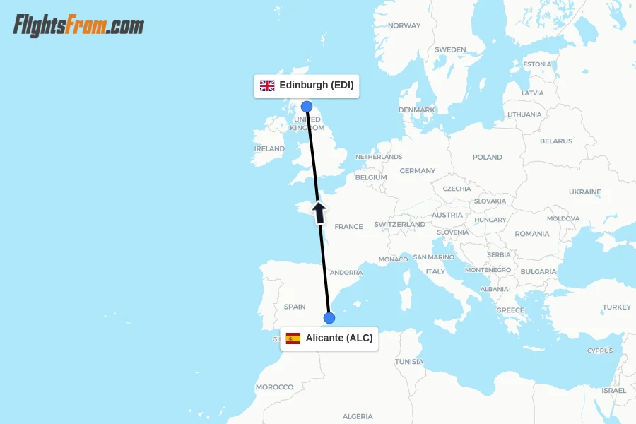 Flights from Alicante to Edinburgh route map