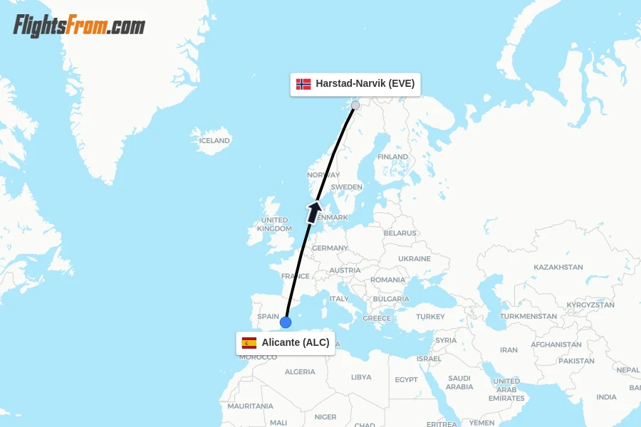 Flights from Alicante to Harstad-Narvik route map