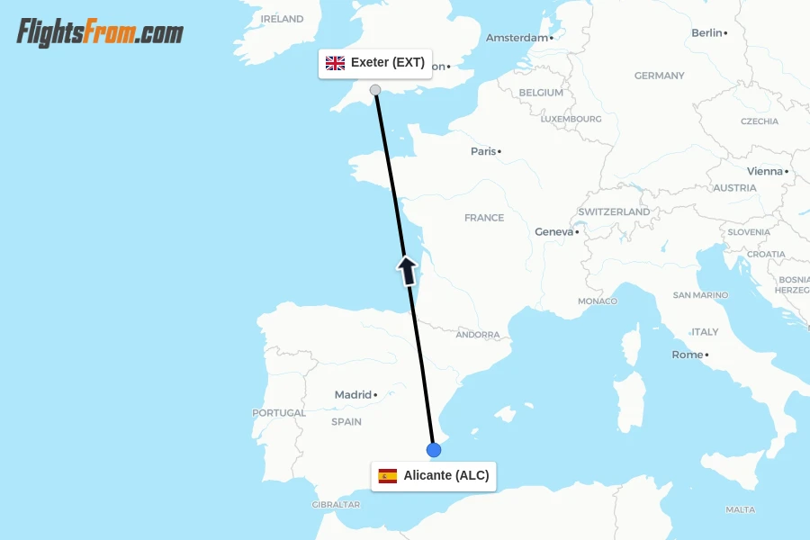 Flights from Alicante to Exeter route map