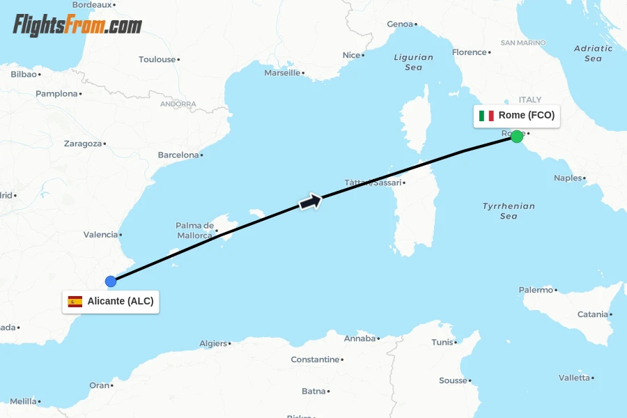Flights from Alicante to Rome route map